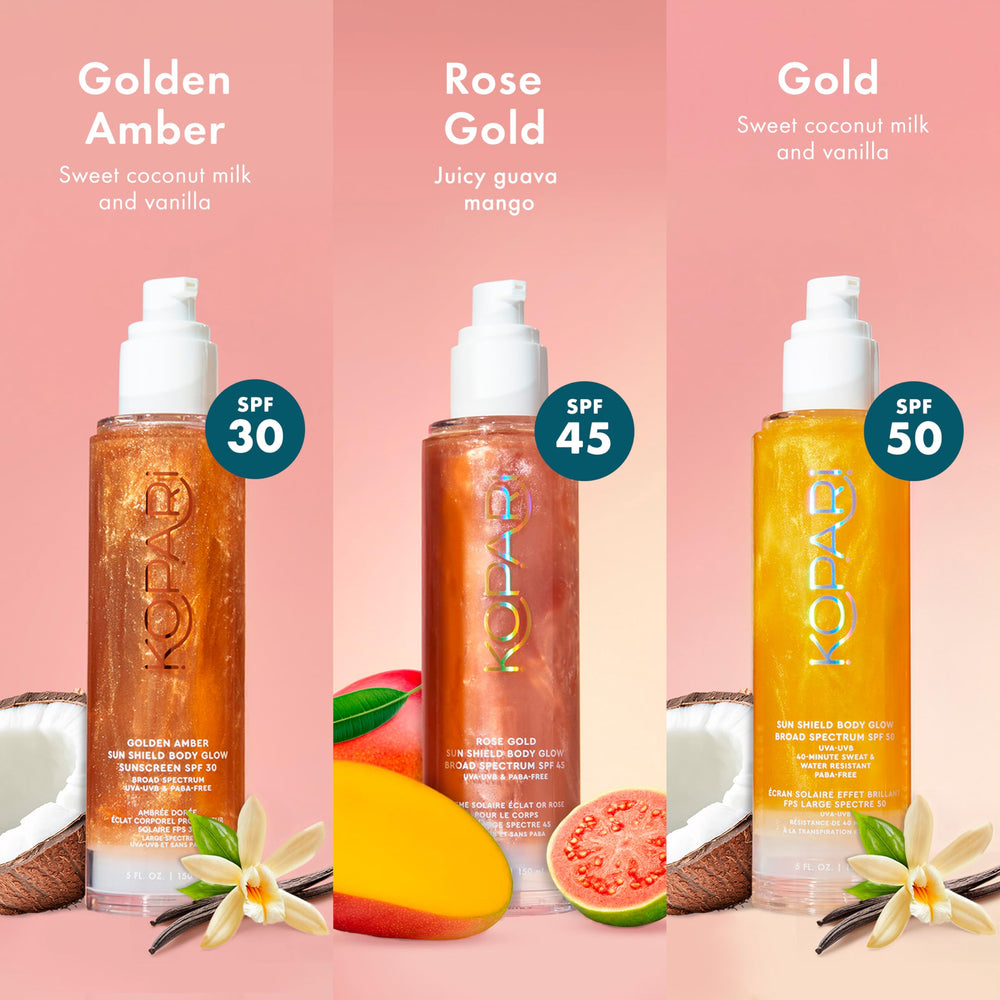 Vitamine E dans Kopari Sun Shield Body Glow pour le soin cutané.