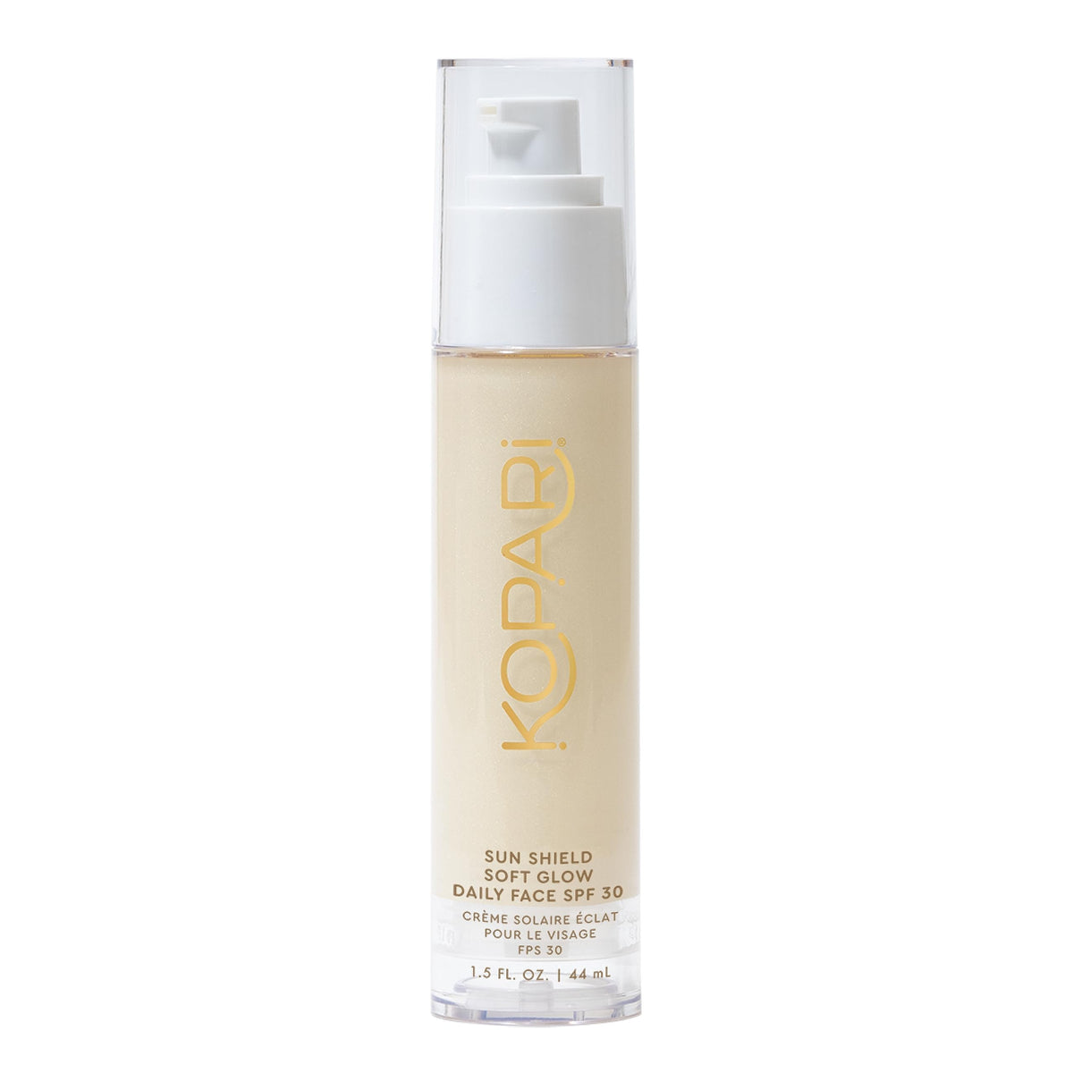 Kopari Sun Shield Soft Glow Bouteille SPF 30 protège la peau avec une texture légère.
