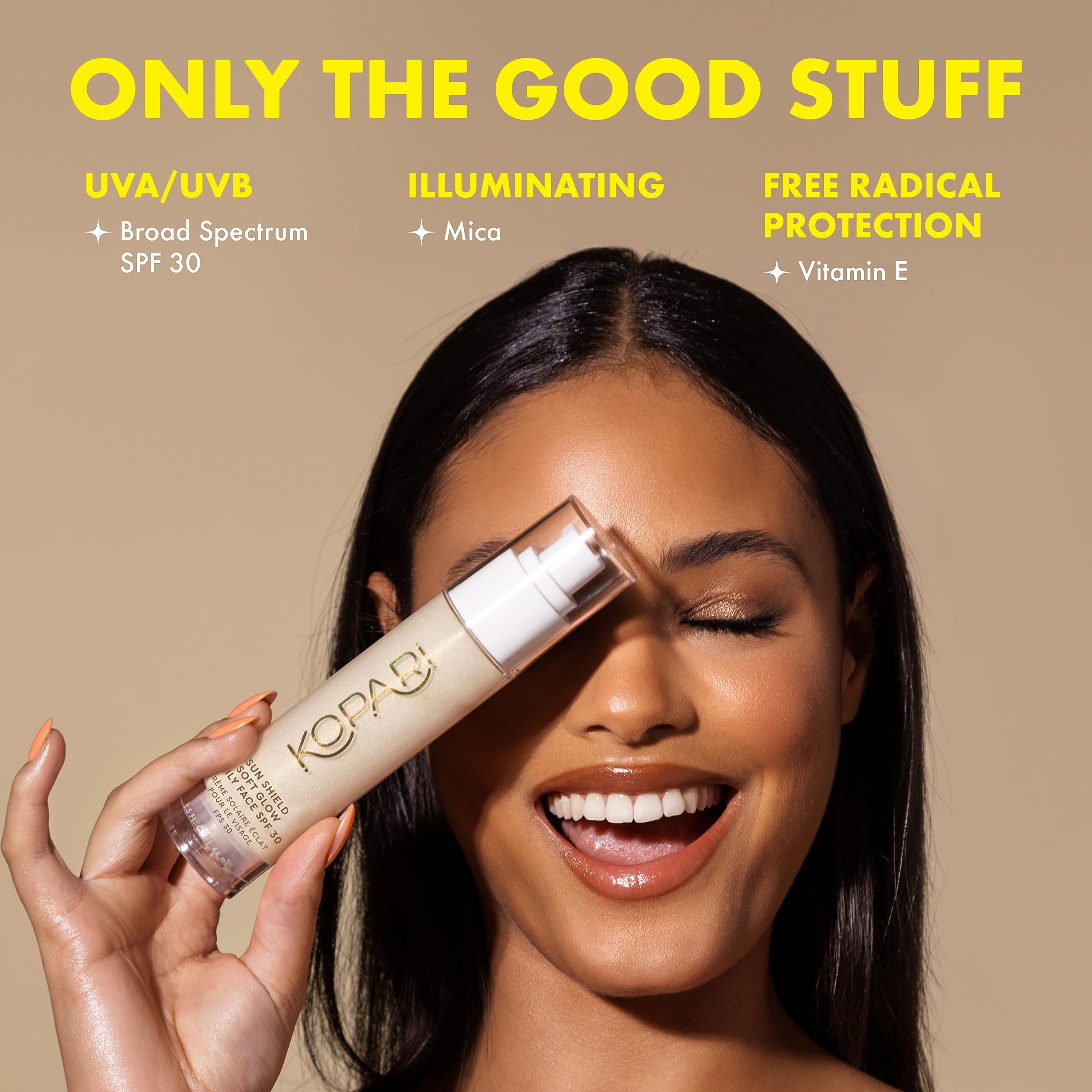 Kopari Sun Shield Soft Glow Hydratation et vitamine E nourrissent la peau.