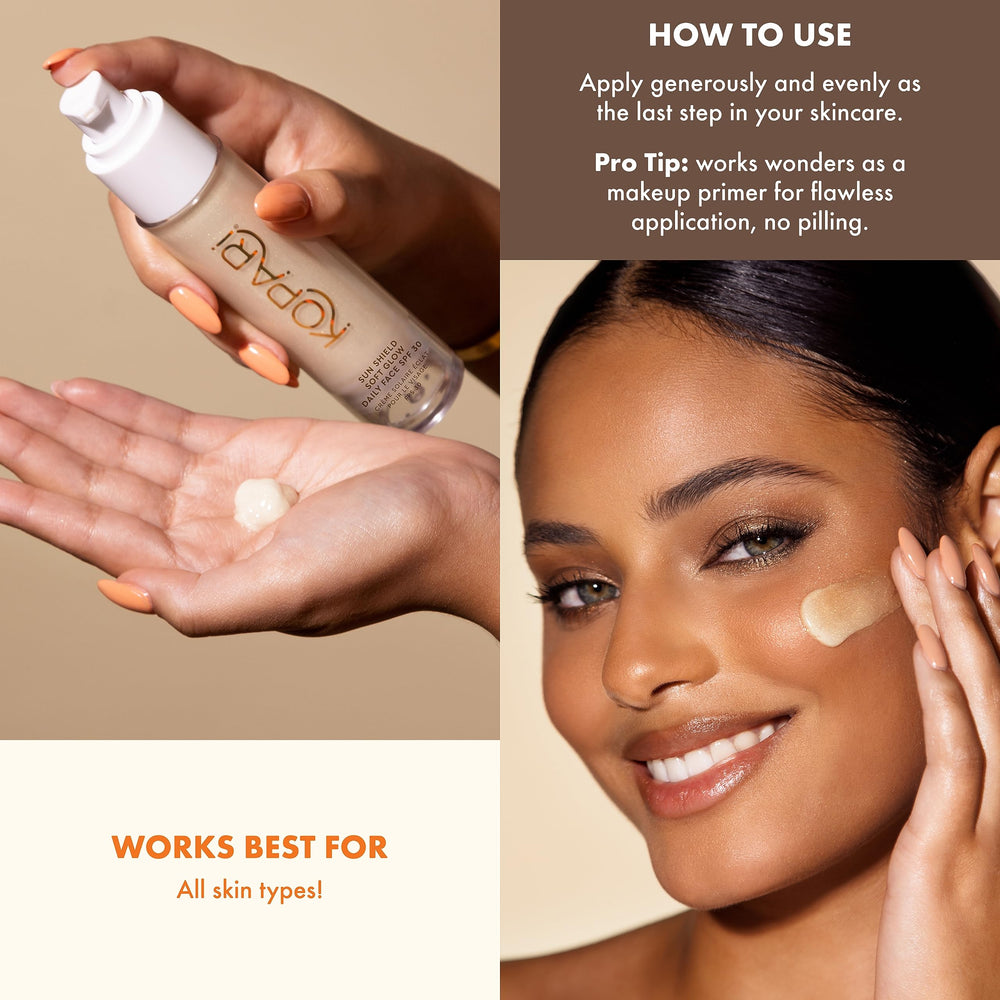 Kopari Sun Shield Soft Glow Protection UV SPF 30 bloque les rayons tout en restant léger.