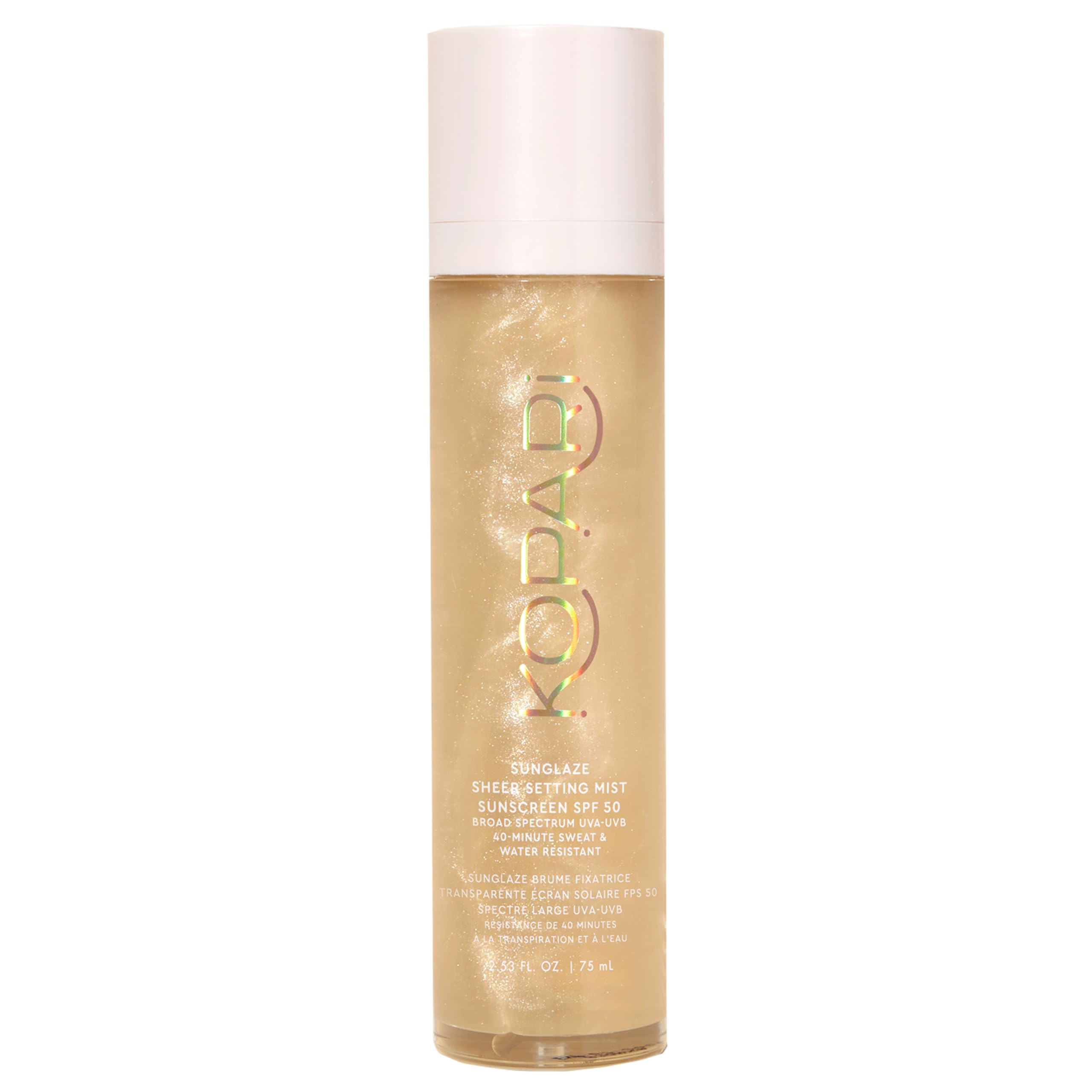 Kopari Sunglaze brume fine SPF50, protection légère et hydratation rapide.