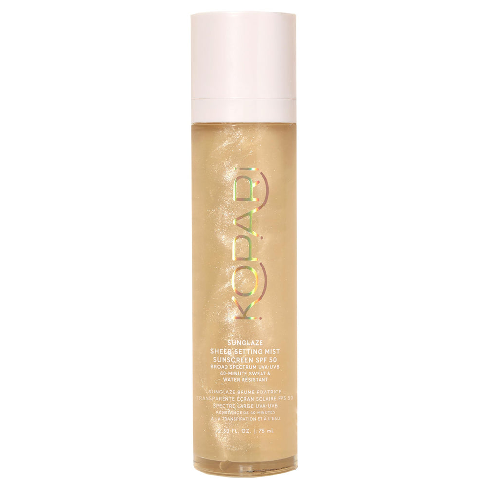 Kopari Sunglaze brume fine SPF50, protection légère et hydratation rapide.