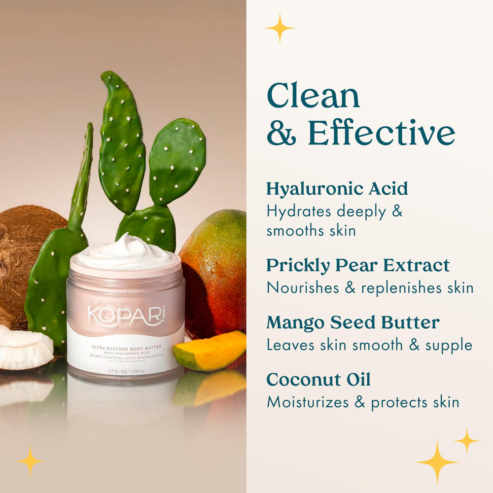 Kopari Ultra Restore: acide hyaluronique favorisant la rétention d’eau.
