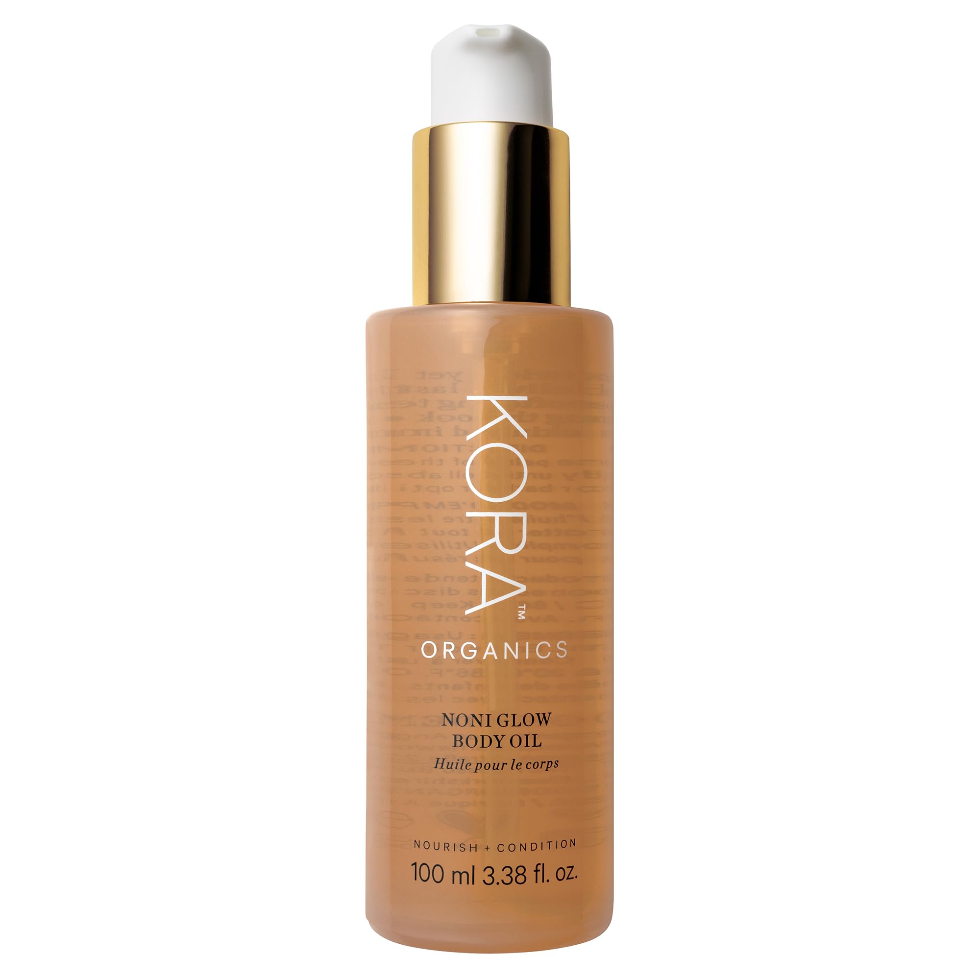Huile Noni Glow KORA Organics: bouteille prête pour hydratation légère.