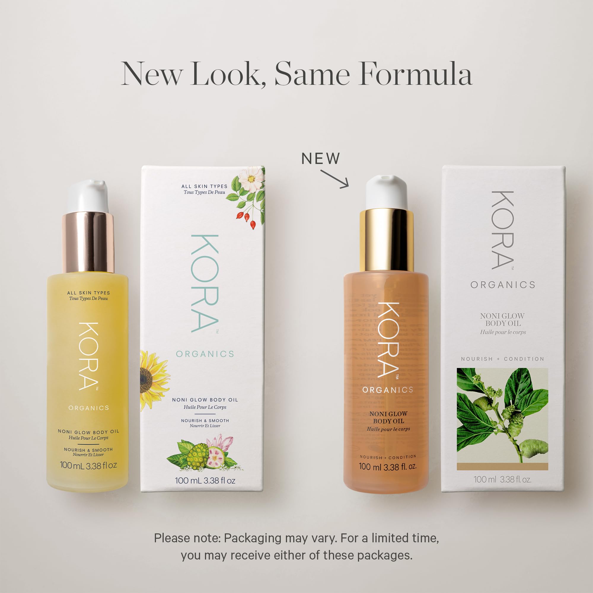 Huile Noni Glow KORA Organics: massage des gouttes pour absorption rapide.