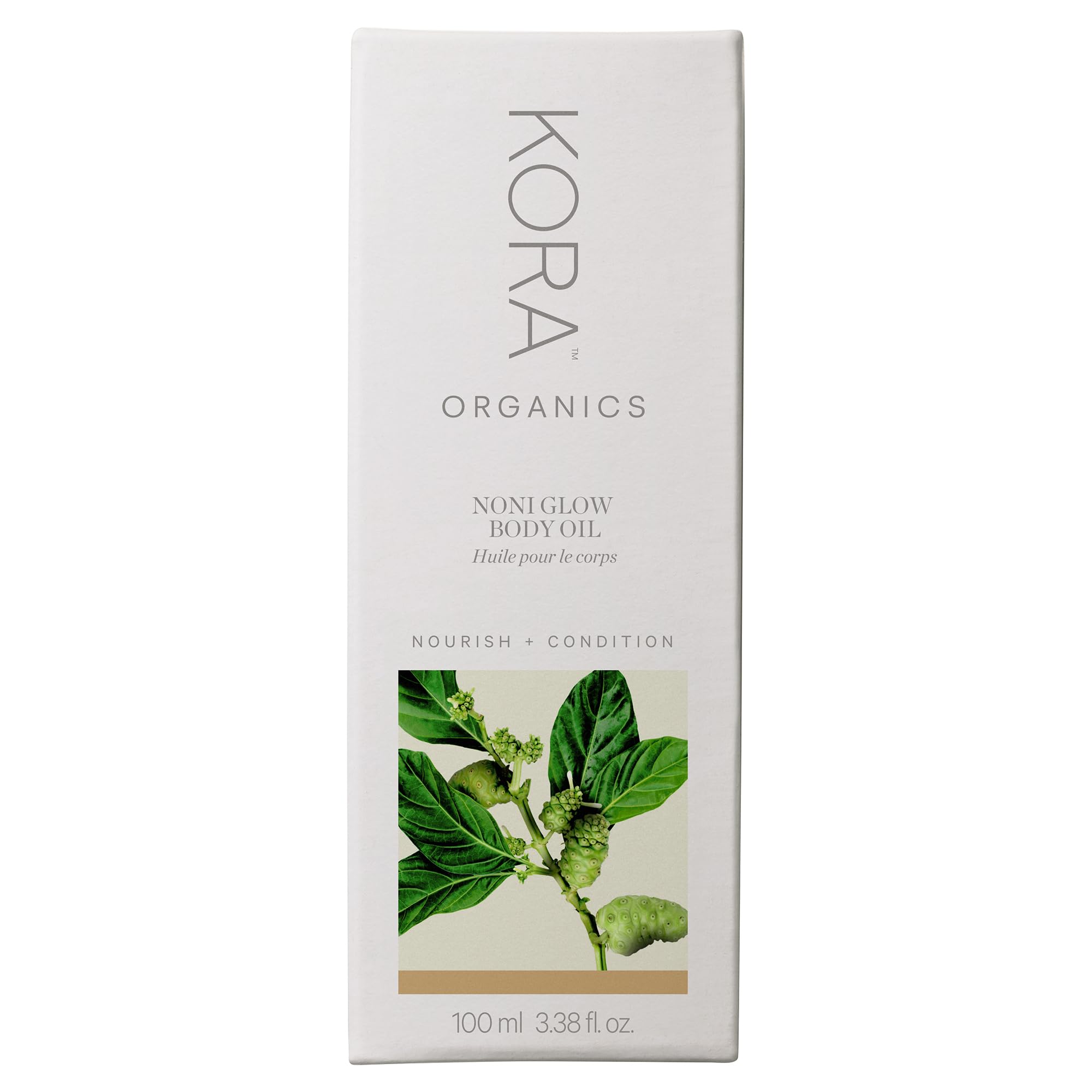 Huile Noni Glow KORA Organics: emballage biologique et recyclable.