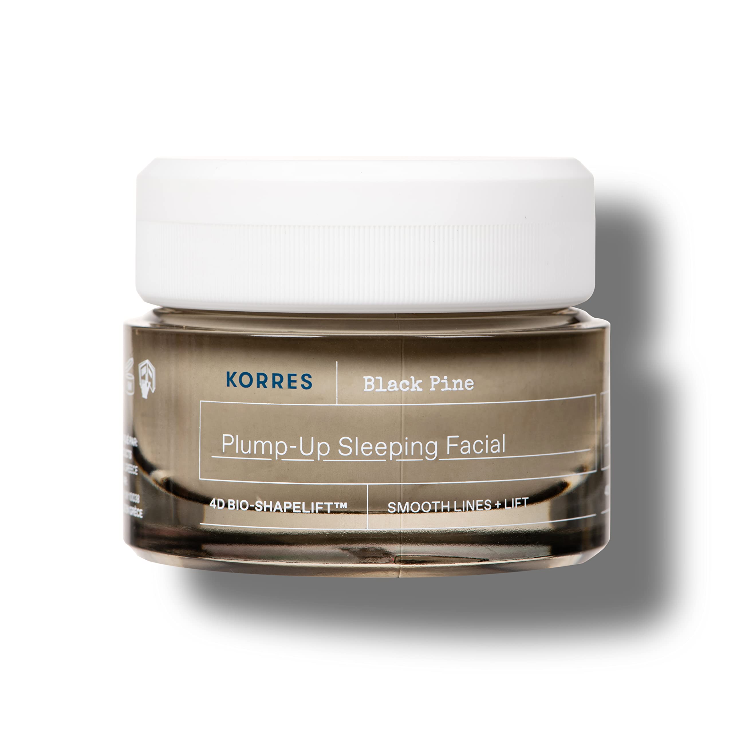 KORRES Black Pine 4D Bio-ShapeLift crème nuit, flacon, texture veloutée et hydratation en profondeur.