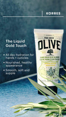 Korres Crème Mains Olive: texture onctueuse qui pénètre sans résidu pour une douceur durable.
