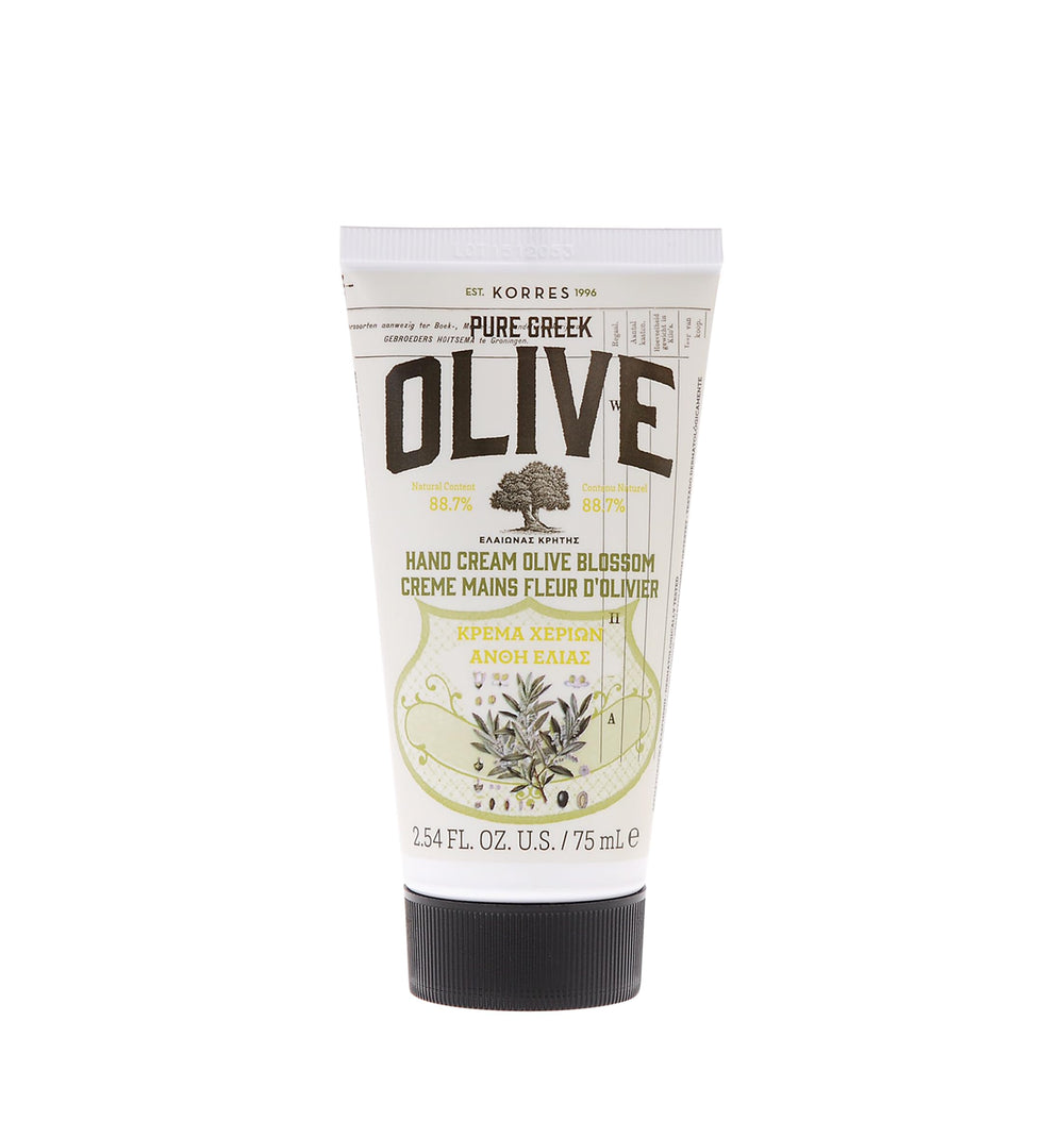 Korres Crème Mains Olive: emballage élégant et huile grecque nourrissante pour mains sèches.