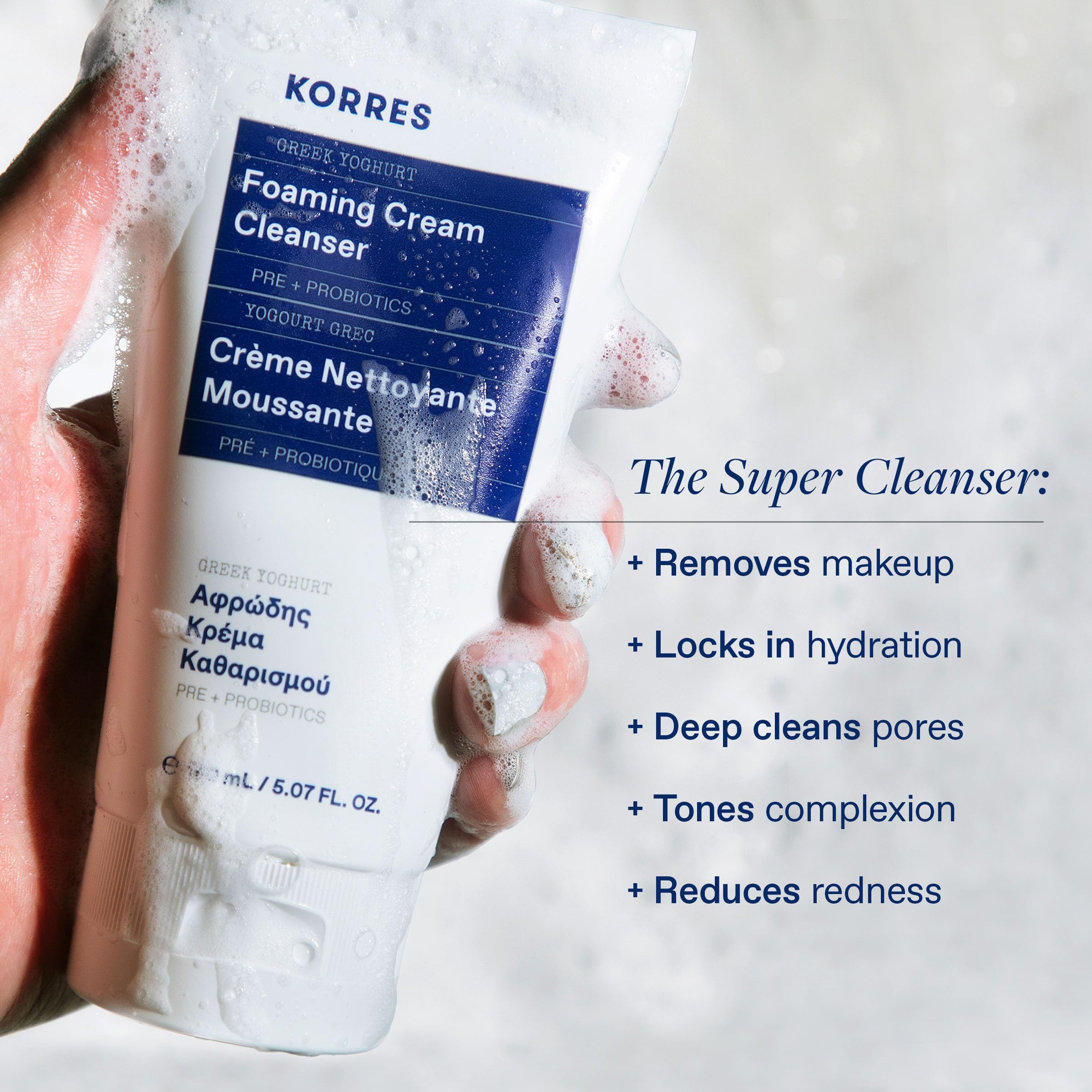 Korres crème yaourt grec mousse, texture douce pour peau sensible.