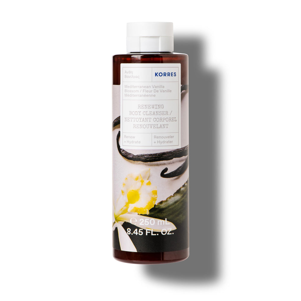 Korres flacon gel-douche vanille méditerranéenne pour hydrater la peau.