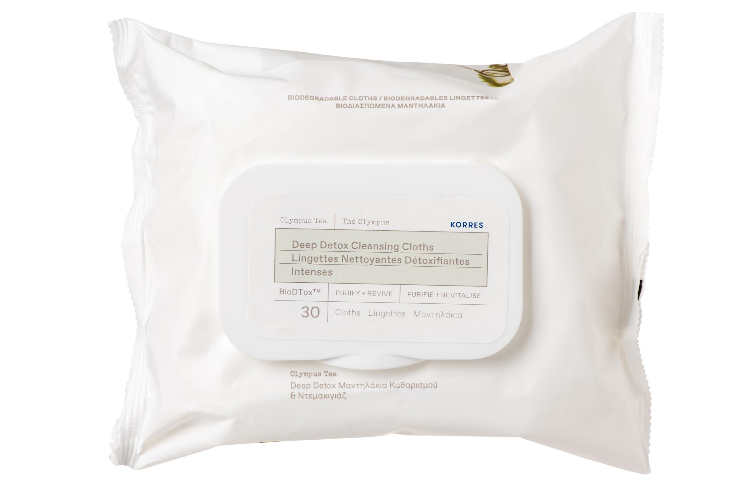Lingettes detox Olympus Tea de KORRES purifient la peau et revitalisent en déplacement.
