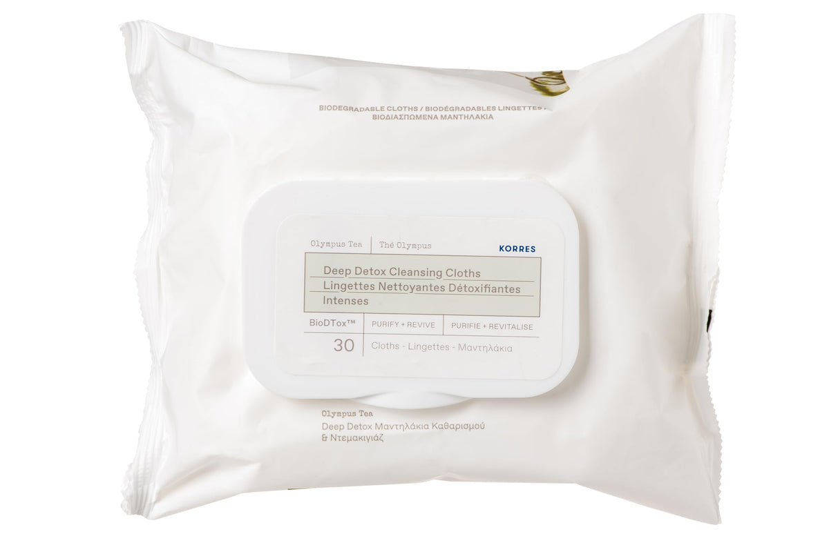 Lingettes detox Olympus Tea de KORRES purifient la peau et revitalisent en déplacement.