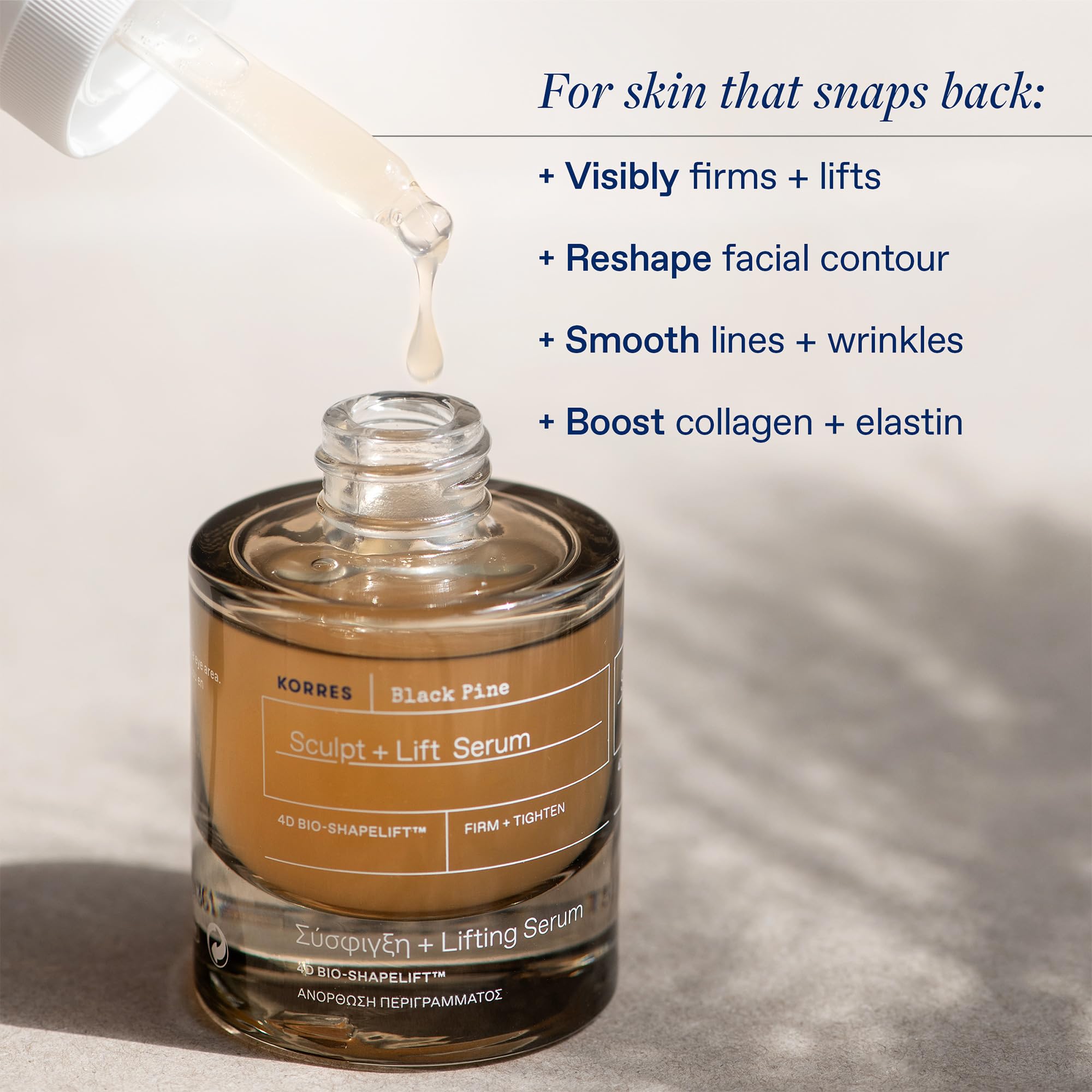 Gouttes du Sérum Sculpt et Lift Korres, application précise et absorption rapide.