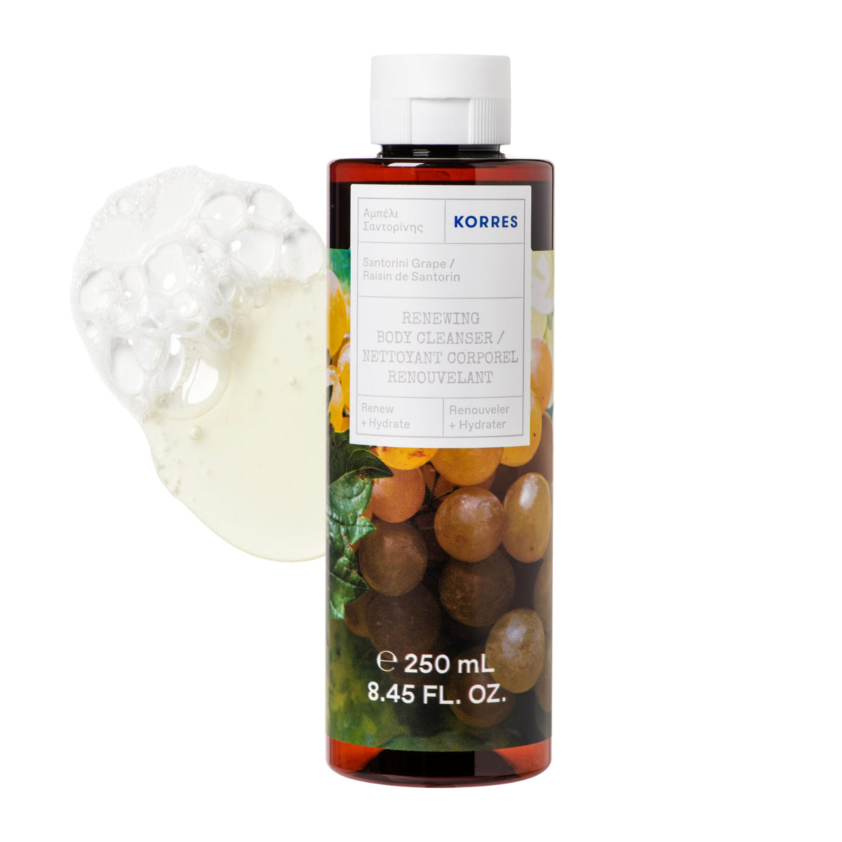 KORRES Santorini Grape, flacon pompe, soin douche rafraîchissant et hydratant.