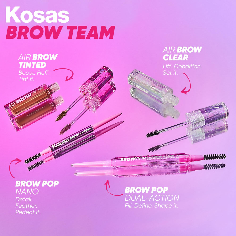 Kosas Brow Pop Nano – quatre-teintes disponibles pour trouver votre couleur ideale.