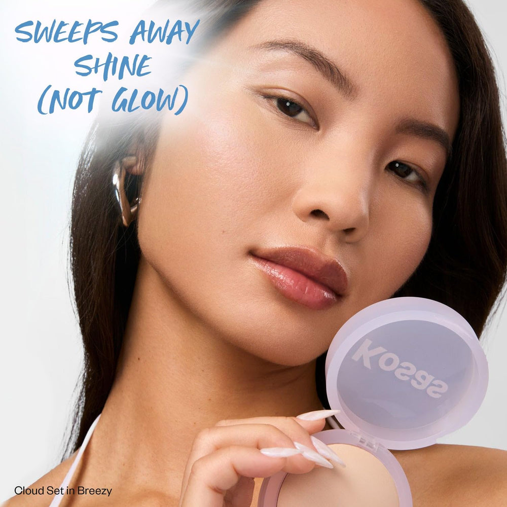 Application sur le visage avec Kosas Cloud Set, brillance maîtrisée sans changer la teinte.
