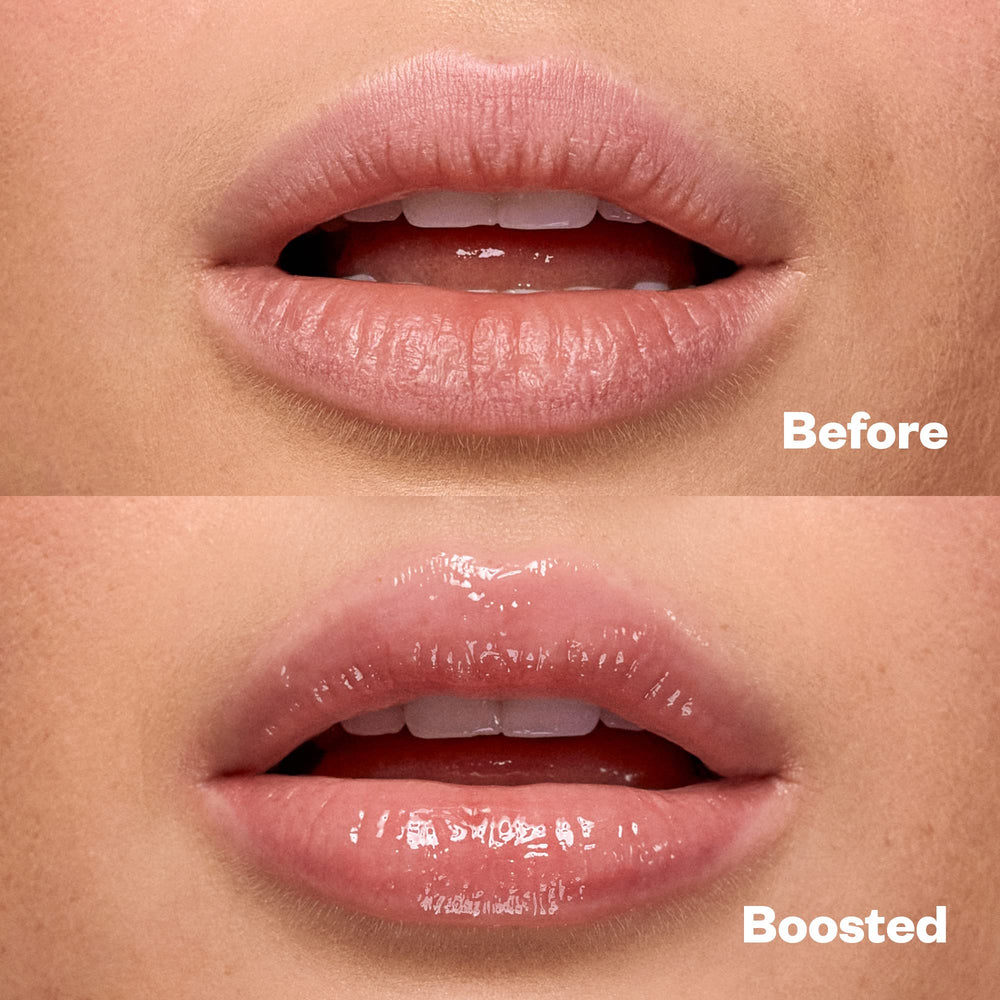 Avant/après avec Kosas Plump and Juicy Lip Collagen Booster pour des lèvres plus lisses.