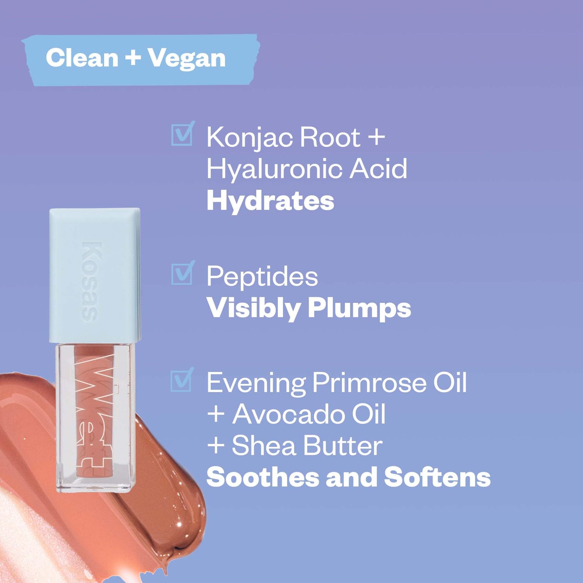Kosas Wet Lip Oil Gloss hydrate et protège avec acide hyaluronique et peptides.