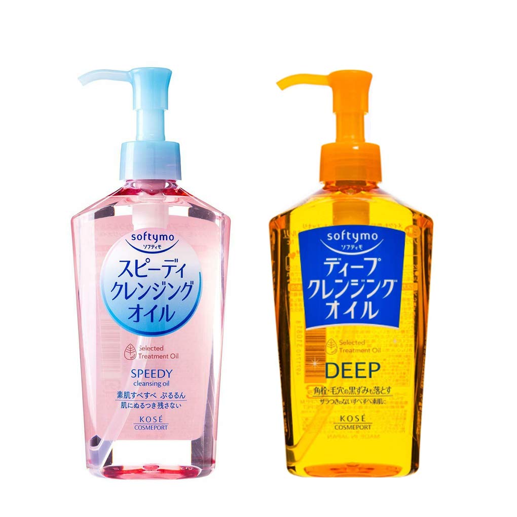 Kose Softymo Speedy Cleansing Oil pour bottle shows quick makeup removal on skin