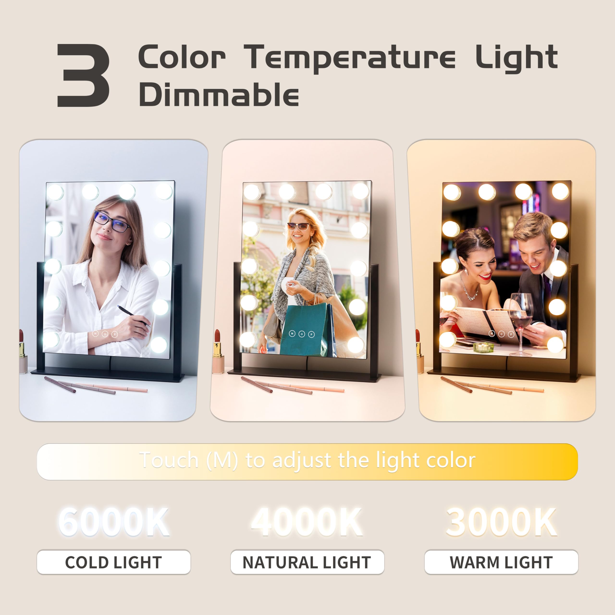 Kotdning miroir LED 12 boules, éclairage uniforme durable pour maquillage.