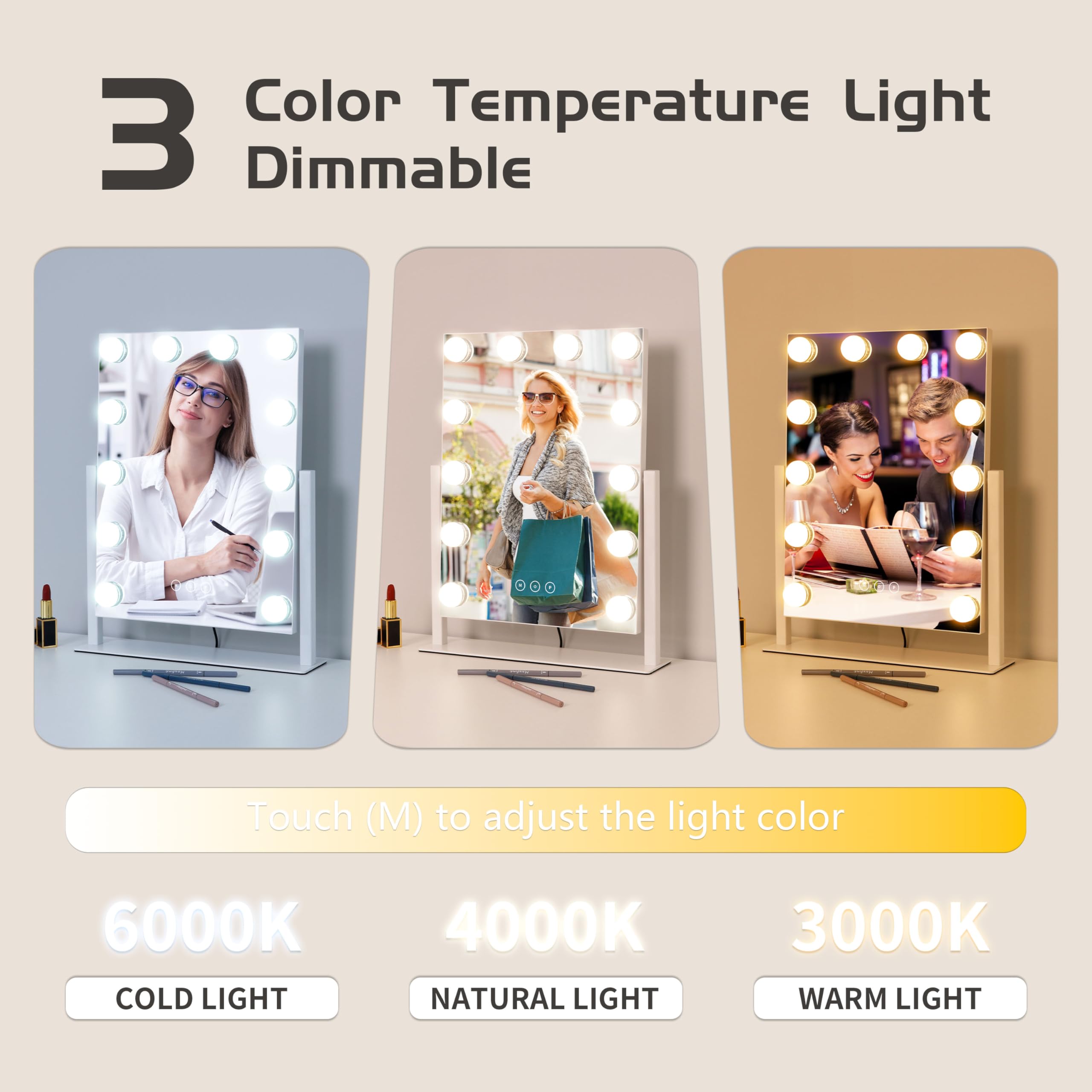 Kotdning miroir vanity lumineux avec 3 couleurs d'éclairage pour différents contextes maquillage