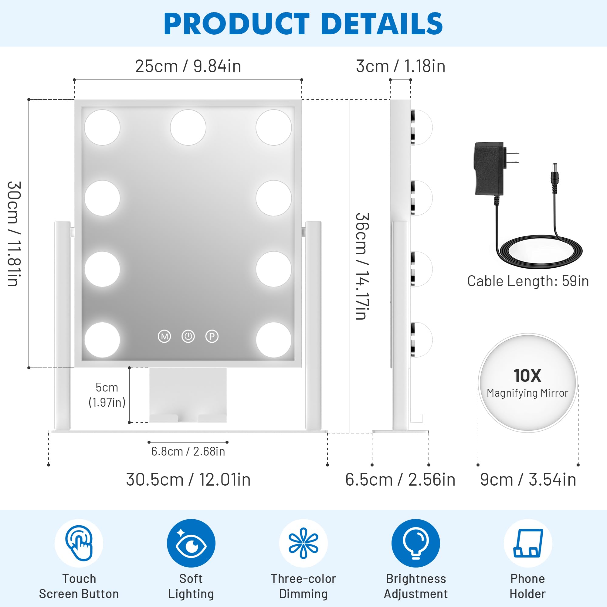 Kottova Miroir base lourde et stable pour mise en place fiable.