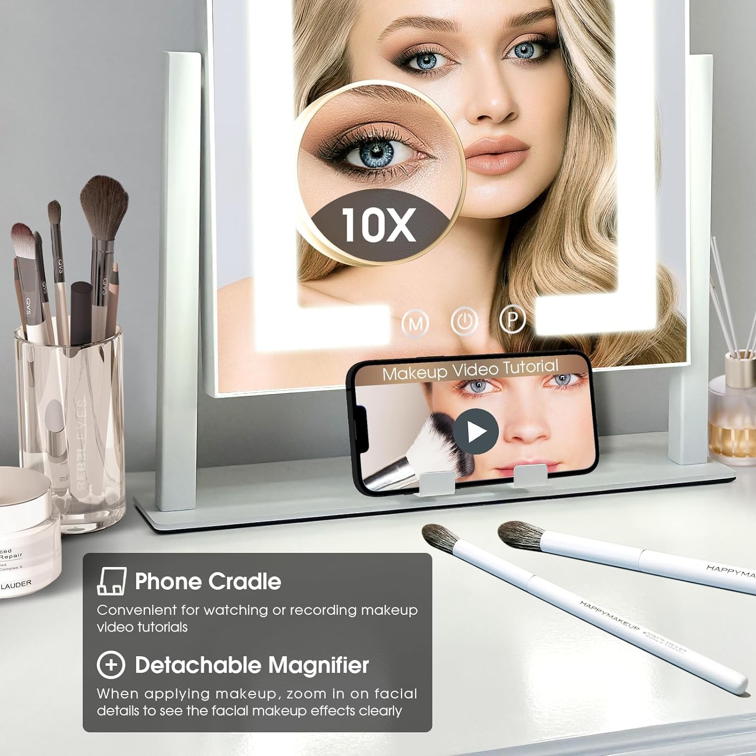 Miroir Kottova Vanity support telephone détachable pour tutoriels mains libres.