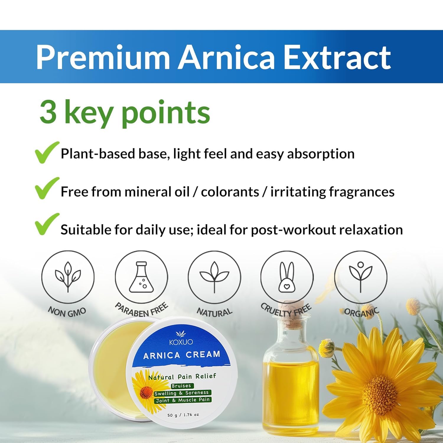 KOXUO Huile d’arnica, parfum naturel doux pour une routine bien-être.