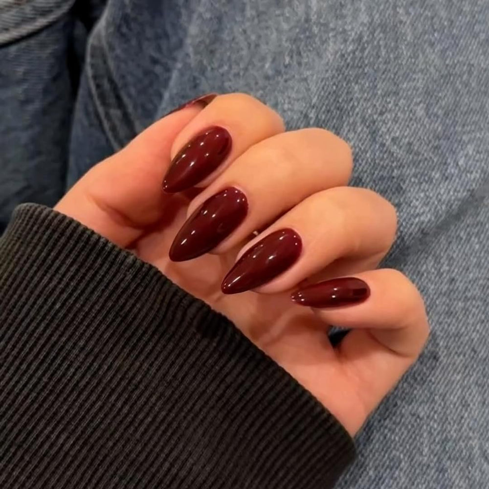 KQueenest ensemble de 48 ongles en forme d'amande, rouge bordeaux, pour une manucure rapide et élégante.