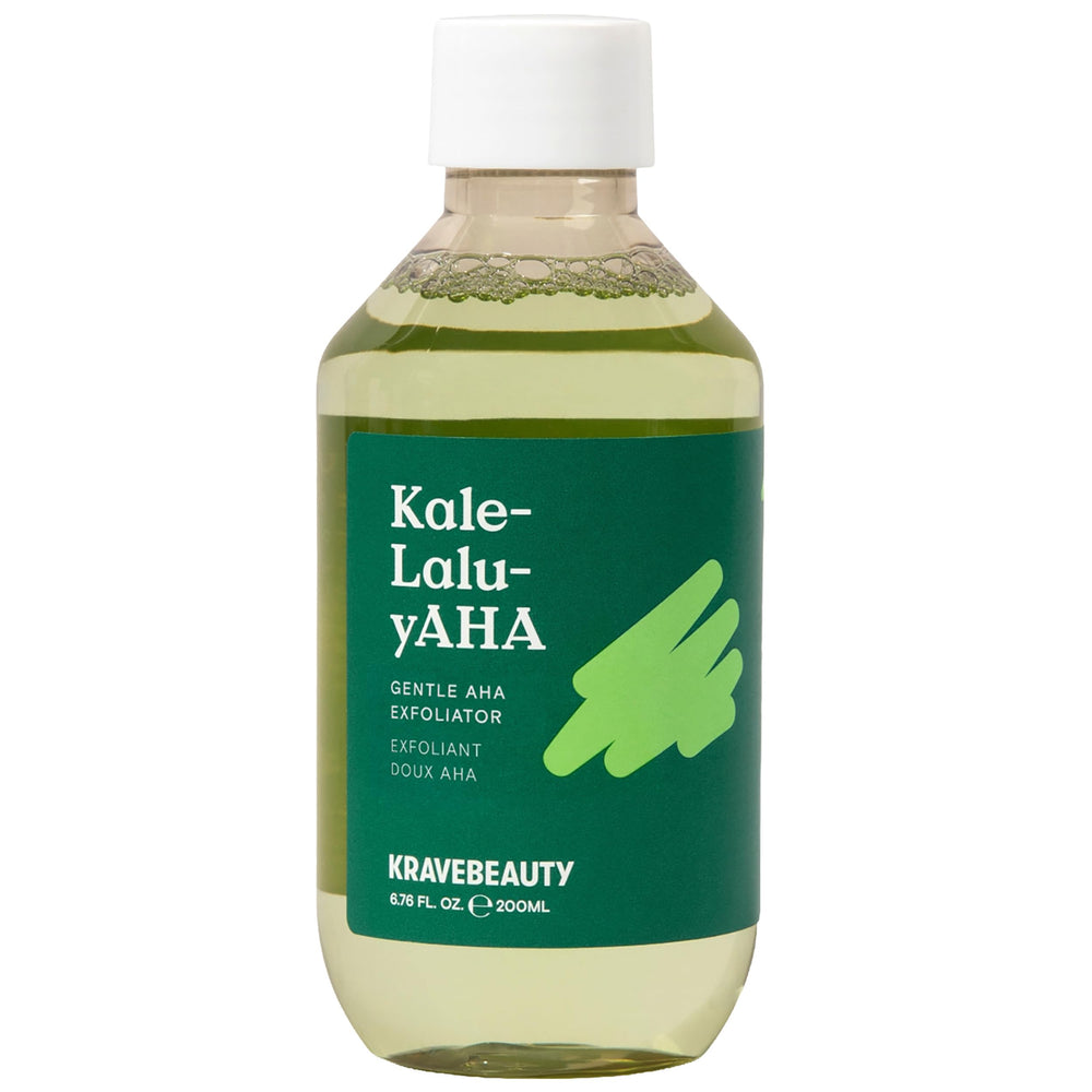 KraveBeauty Kale-Lalu-yAHA, bouteille exfoliante, révèle une peau plus lumineuse et lisse.