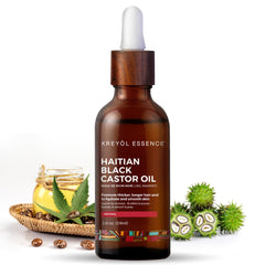 KREYÒL ESSENCE huile noire de ricin haïtienne dans une bouteille en verre pour cheveux plus forts.