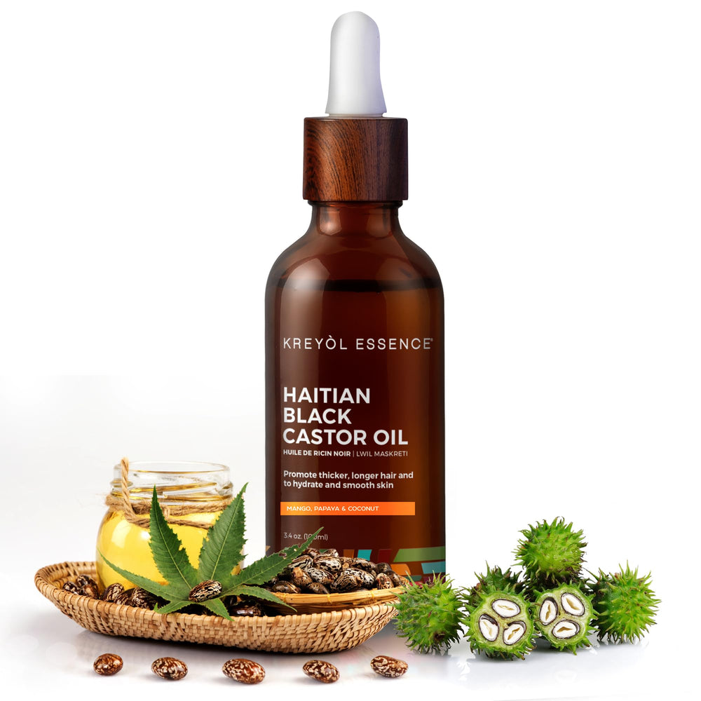 KREYÒL ESSENCE huile ricin noir haïtien, application cuirs-chevelu pour cheveux plus forts.
