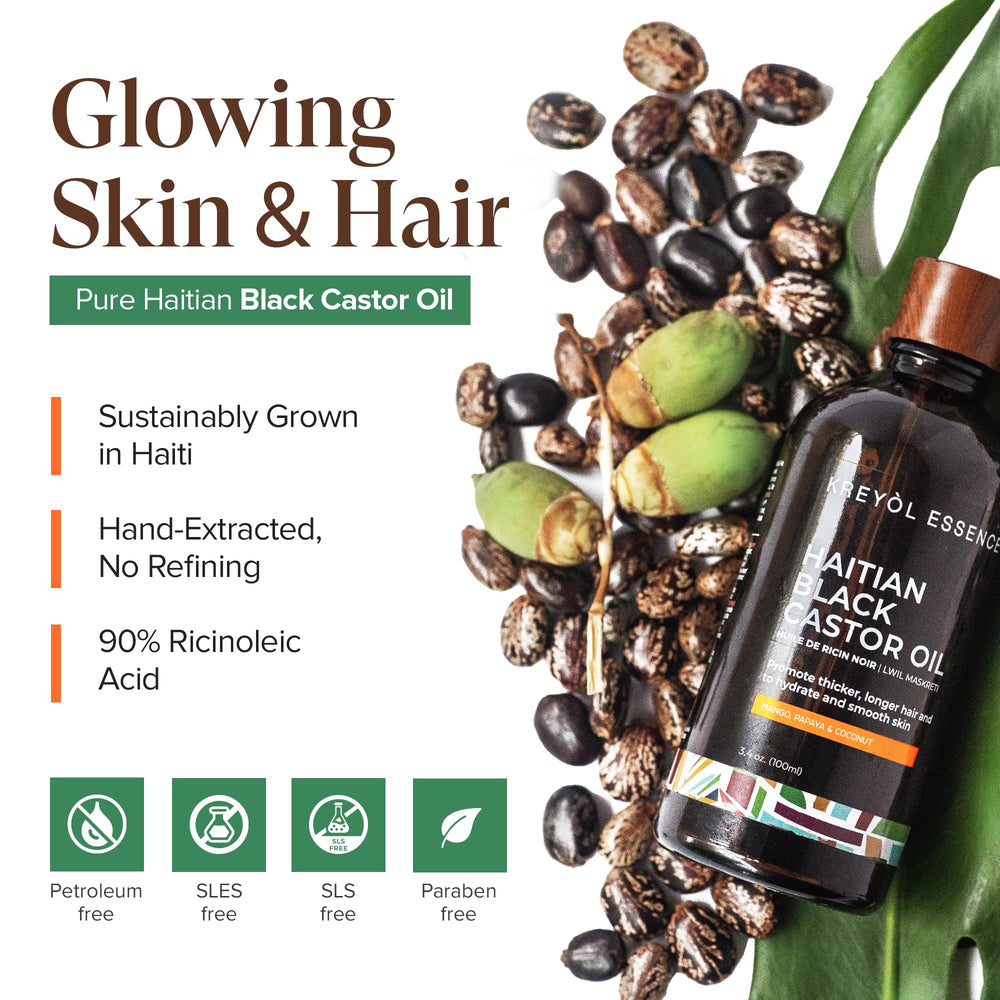 KREYÒL ESSENCE huile ricin noir haïtien, effet anti-frizz léger et nourrissant.
