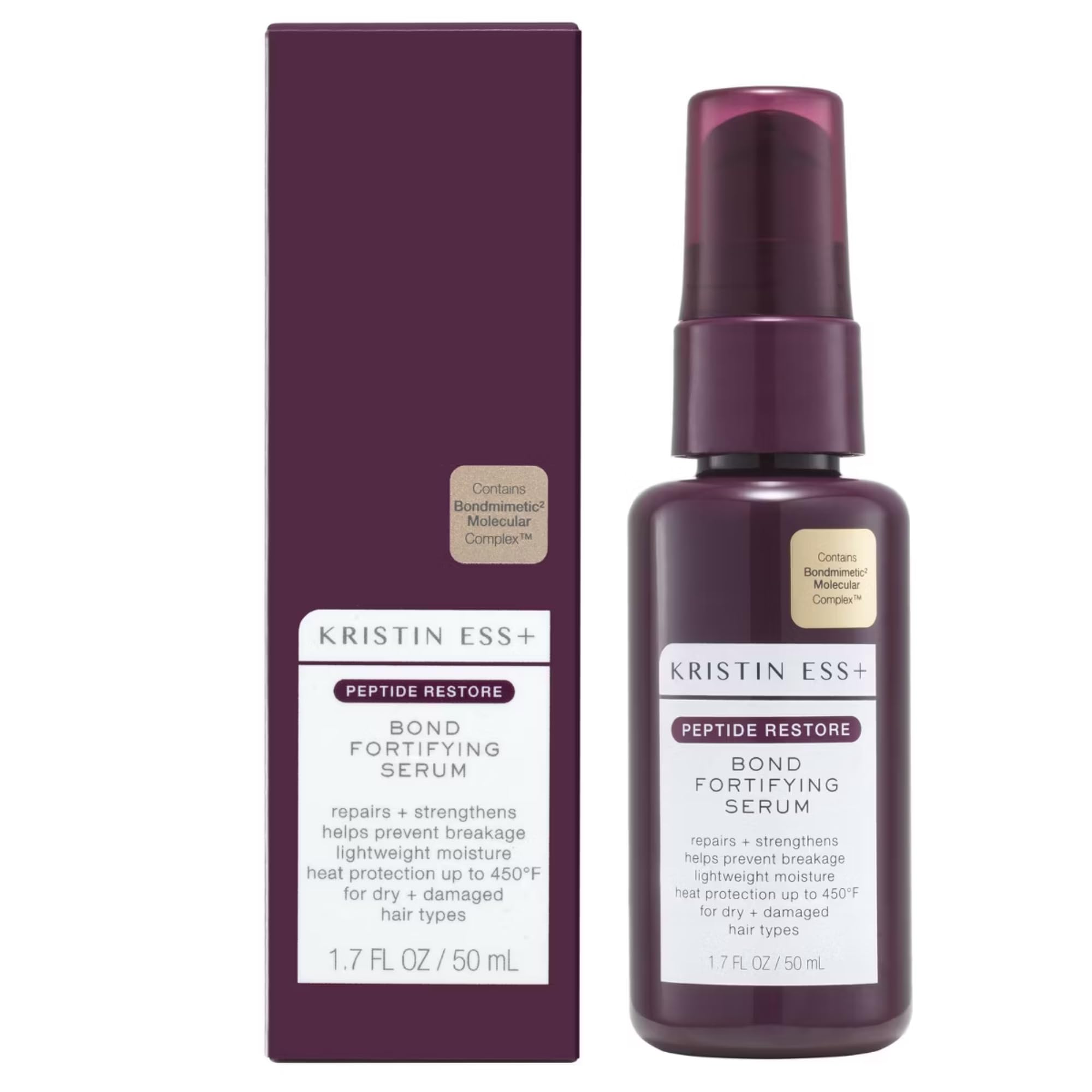 Sérum Kristin Ess Peptide Restore dans la bouteille, prêt à fortifier les cheveux.