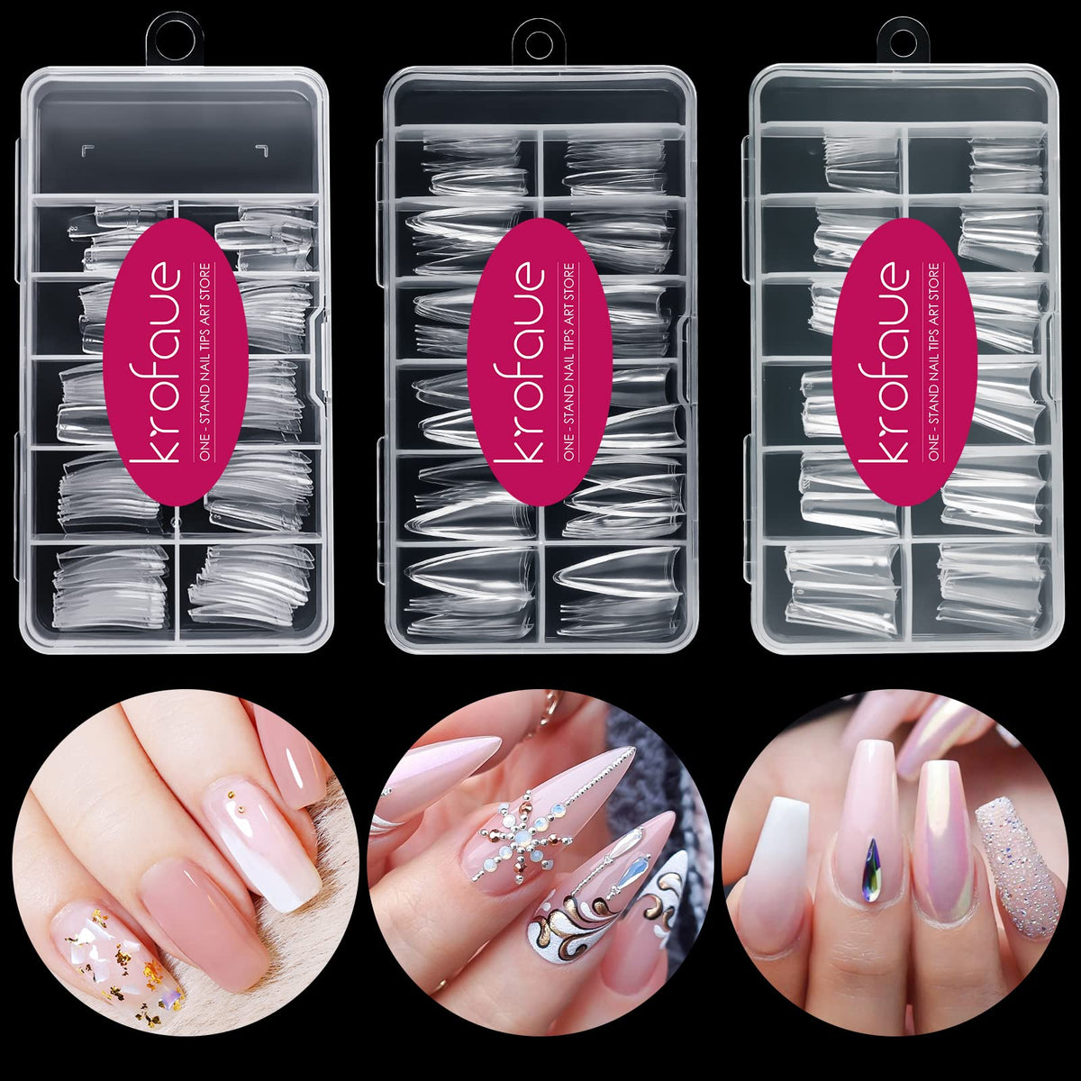 Krofaue kit faux ongles 3 styles pour extensions elegantes