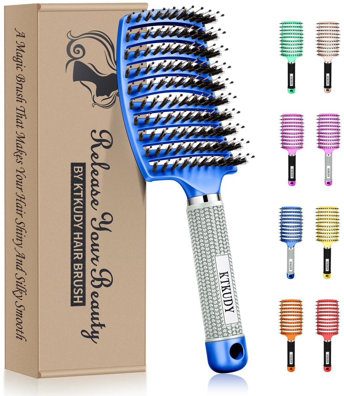 KTKUDY Brosse démêlante poils sanglier bleue – cheveux nourris et lisses