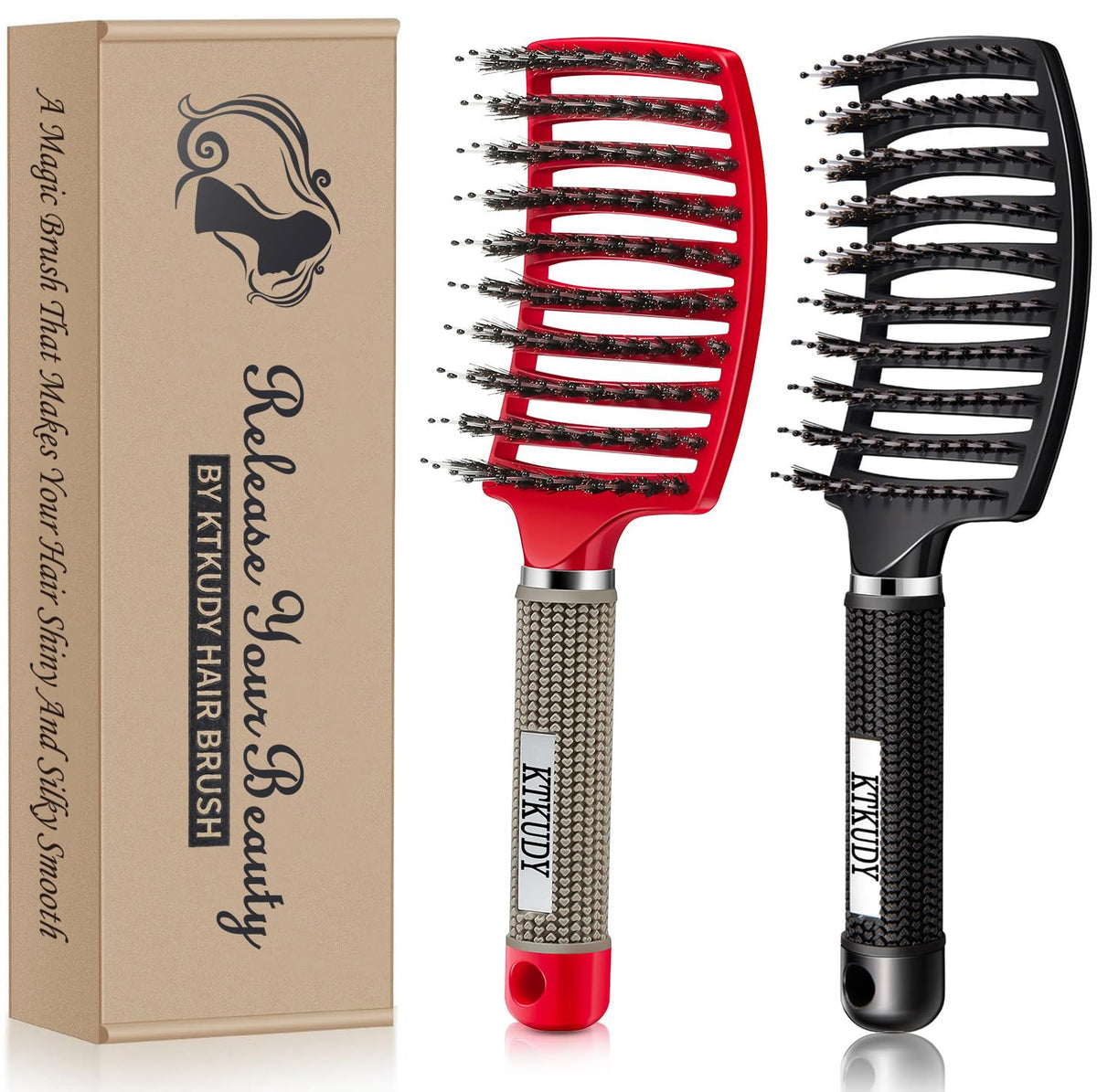 Brosse démêlante KTKUDY avec poils de sanglier démêlant en douceur les cheveux.