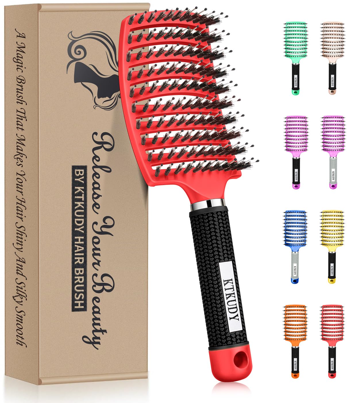 La brosse detanglante KTKUDY avec poils de sanglier démêle en douceur et protège les cheveux.