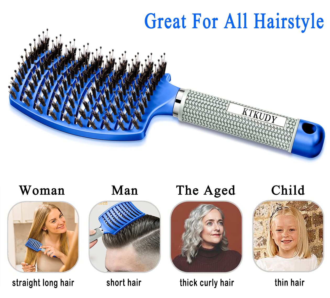 KTKUDY Brosse tous types – convient à tous les cheveux bleue