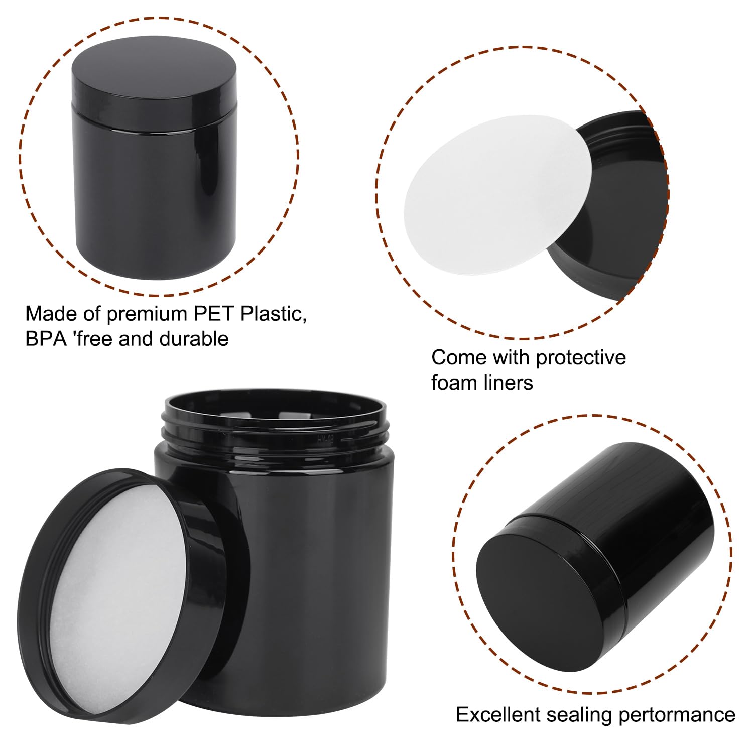 Bocaux KUKLIPJIM en plastique noir sans BPA pour aliments et cosmétiques.