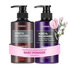 KUNDAL ensemble shampooing et après-shampooing Poudre de Bébé, pratique pour routine capillaire quotidienne.