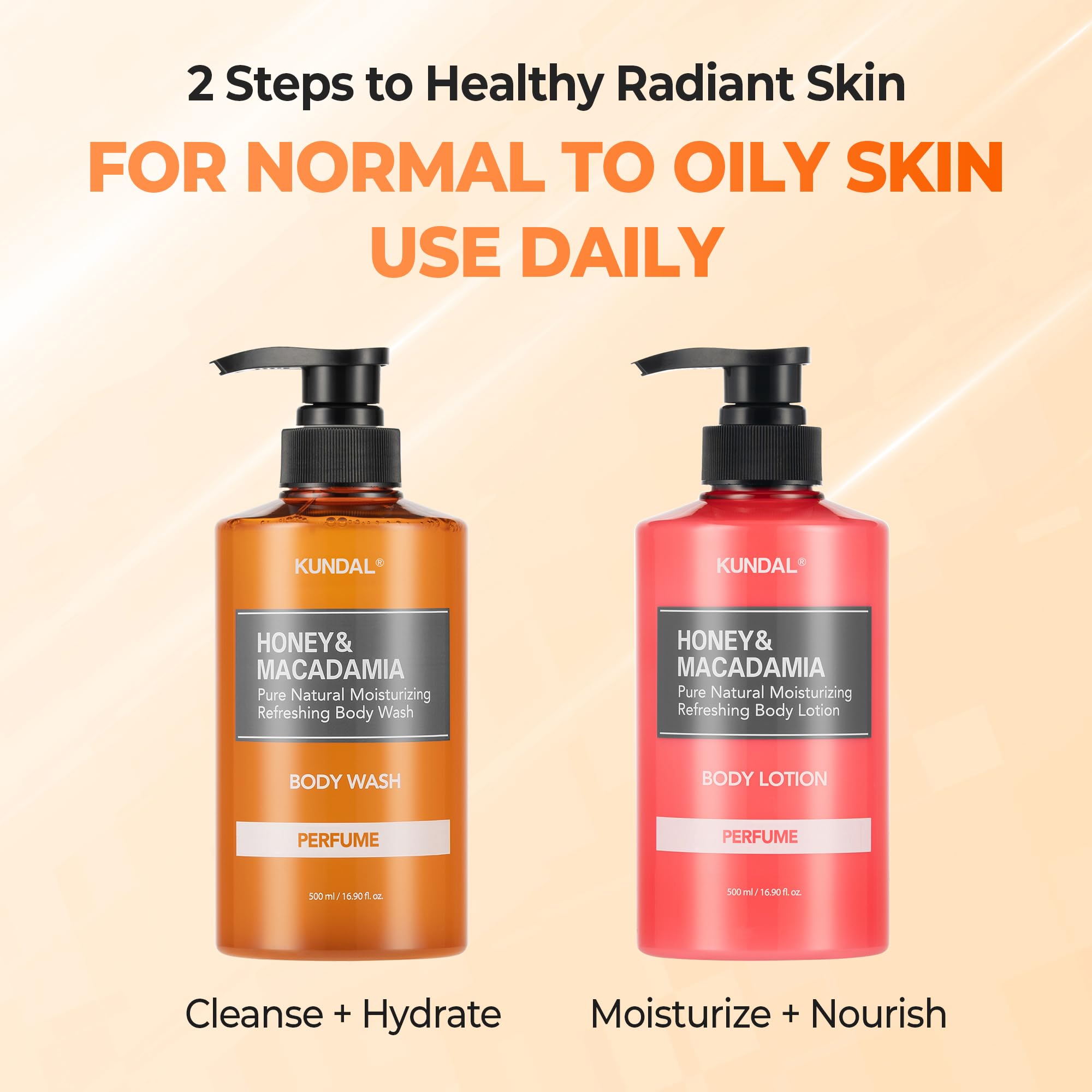 KUNDAL Nature Miel et Macadamia — flacon sur fond clair avec Ambre Vanille.