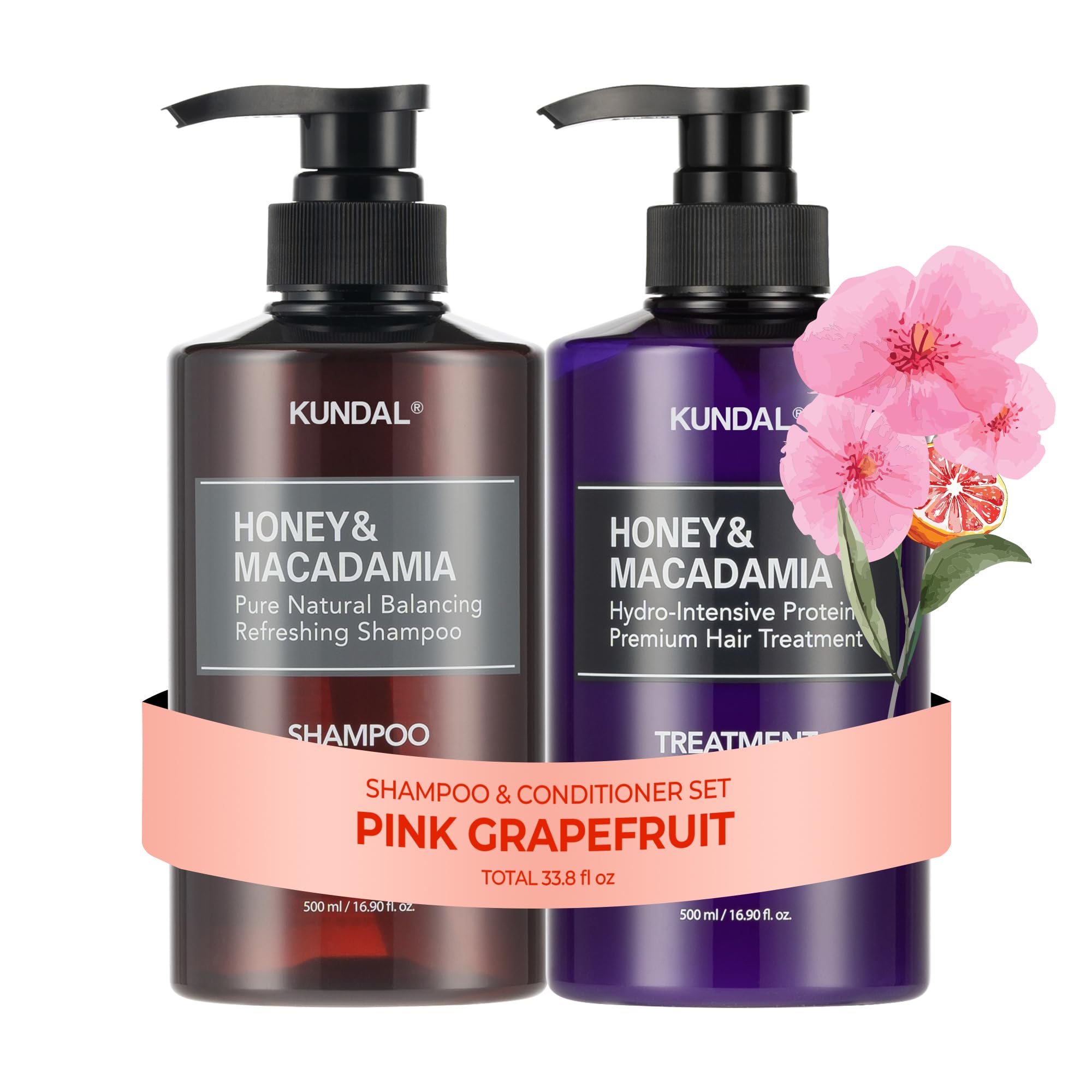 KUNDAL Shampoing et Après-Shampoing Pamplemousse Rose, hydratation durable et parfum frais.
