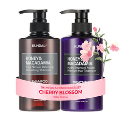 KUNDAL Shampoing Cerisier en fleurs, bouteille visible, hydratation durable et brillance naturelle.
