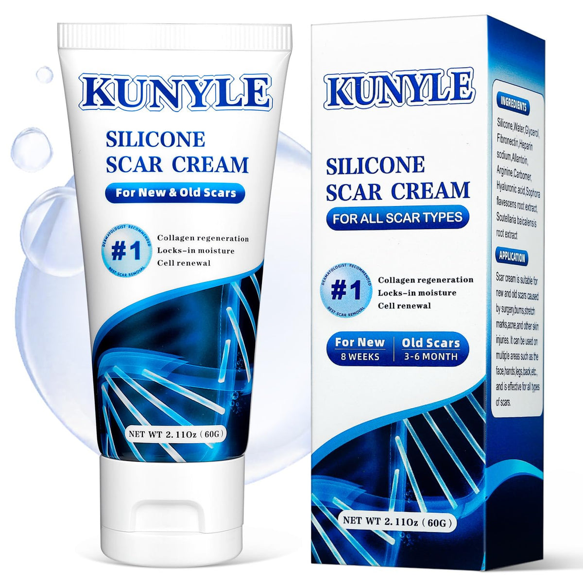 Kunyle Crème Cicatrices, bouteille 60 g, pour réduire l'apparence des cicatrices.
