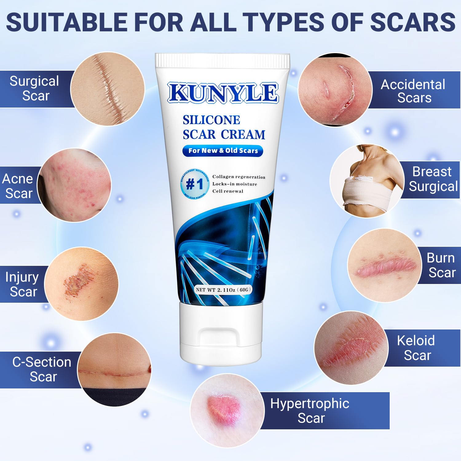 Texture gel silicone Kunyle, non gras et rapidement absorbé, hydrate et assouplit les cicatrices.