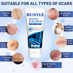 Texture gel silicone Kunyle, non gras et rapidement absorbé, hydrate et assouplit les cicatrices.
