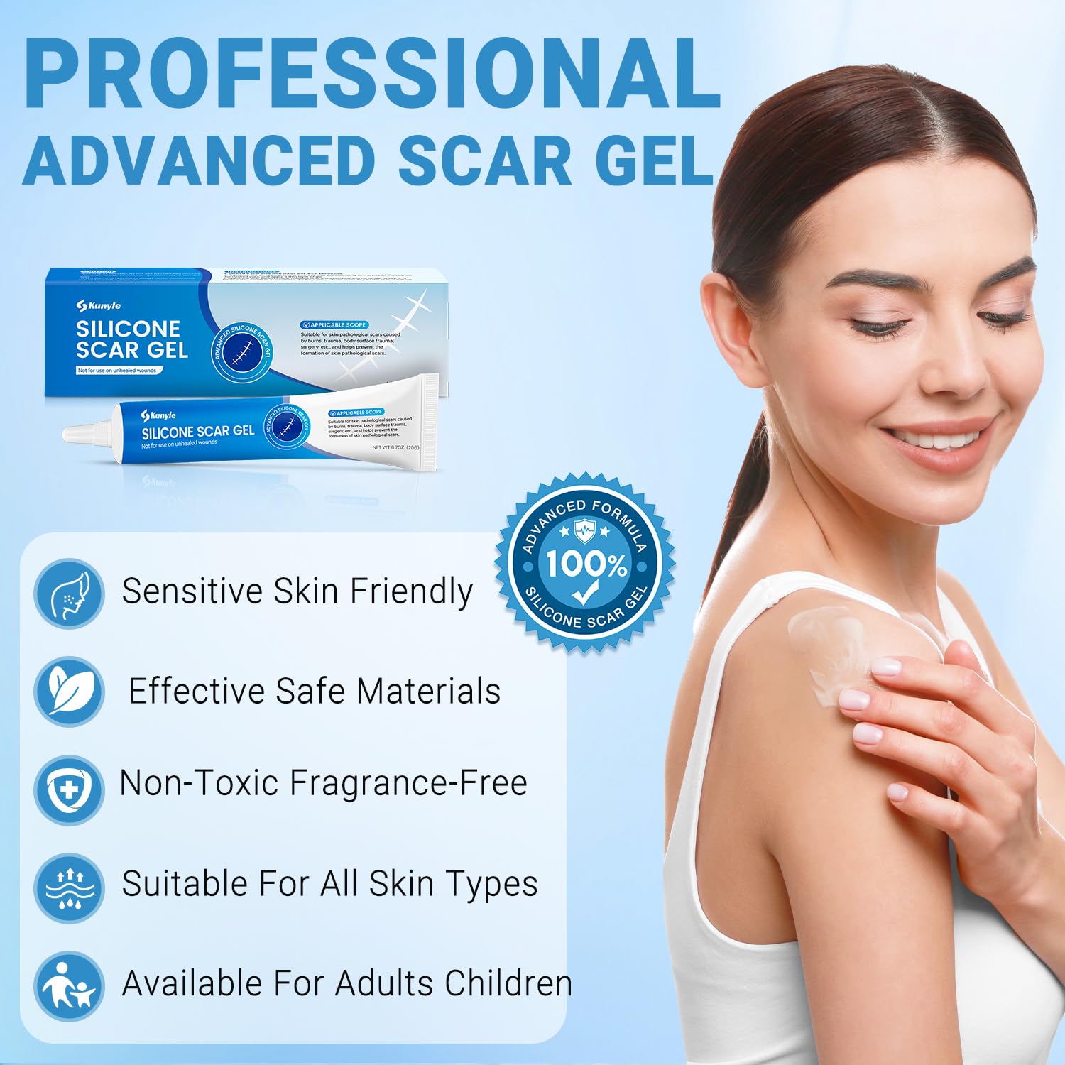 Back view of Kunyle scar gel bottle with key features