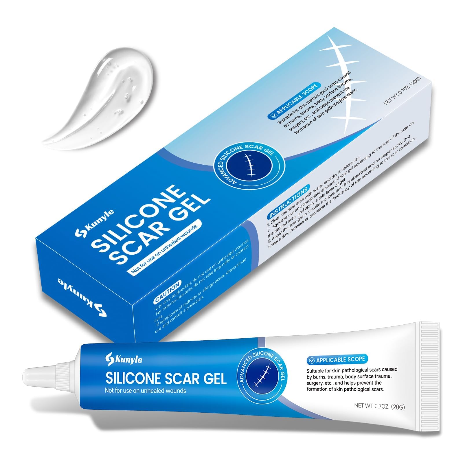 Kunyle silicone scar gel bottle front showing compact packaging for daily use
